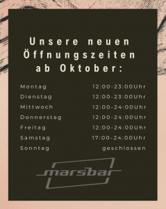 Marsbar Öffnungszeiten ab Oktober 2025